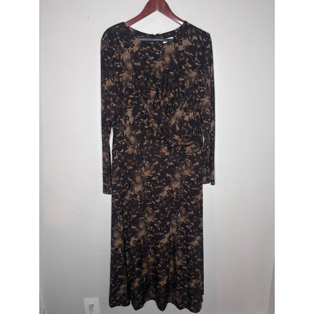 Calvin Klein Metallic Bronze Wrap Midi Dress Women Long Sleeve Textured Party XL